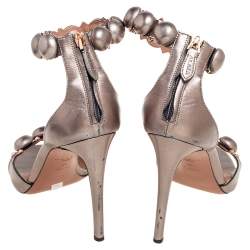 Pre Owned Alaia Gun Metal Grey Leather Bombe Ankle-Strap Sandals Size 41