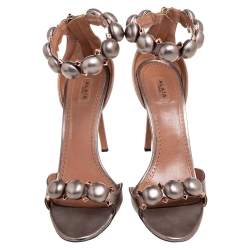 Pre Owned Alaia Gun Metal Grey Leather Bombe Ankle-Strap Sandals Size 41