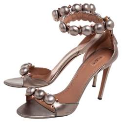 Pre Owned Alaia Gun Metal Grey Leather Bombe Ankle-Strap Sandals Size 41