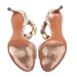 Pre Owned Alaia Beige/Brown Python Embossed Leather Bombe Ankle Strap Sandals Size 35.5