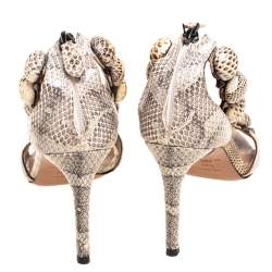 Pre Owned Alaia Beige/Brown Python Embossed Leather Bombe Ankle Strap Sandals Size 35.5