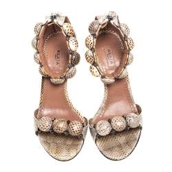 Pre Owned Alaia Beige/Brown Python Embossed Leather Bombe Ankle Strap Sandals Size 35.5