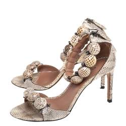 Pre Owned Alaia Beige/Brown Python Embossed Leather Bombe Ankle Strap Sandals Size 35.5