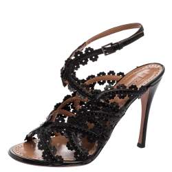 Pre Owned Alaia Black Leather Floral Cut-Out Ankle-Strap Sandals Size 38.5