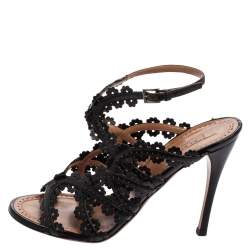 Pre Owned Alaia Black Leather Floral Cut-Out Ankle-Strap Sandals Size 38.5