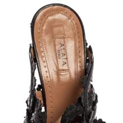 Pre Owned Alaia Black Leather Floral Cut-Out Ankle-Strap Sandals Size 38.5