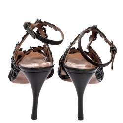 Pre Owned Alaia Black Leather Floral Cut-Out Ankle-Strap Sandals Size 38.5