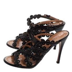 Pre Owned Alaia Black Leather Floral Cut-Out Ankle-Strap Sandals Size 38.5