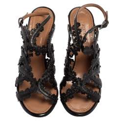 Pre Owned Alaia Black Leather Floral Cut-Out Ankle-Strap Sandals Size 38.5