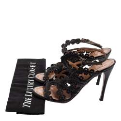 Pre Owned Alaia Black Leather Floral Cut-Out Ankle-Strap Sandals Size 38.5