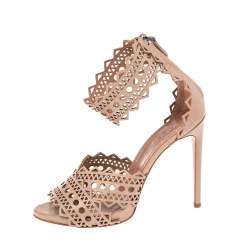 Alaia Beige Leather Laser Cut Eyelet Ankle Strap Sandals Size 40
