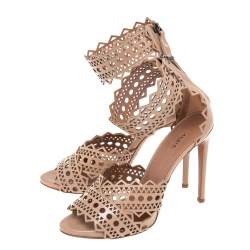 Alaia Beige Leather Laser Cut Eyelet Ankle Strap Sandals Size 40