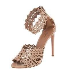 Alaia Beige Leather Laser Cut Eyelet Ankle Strap Sandals Size 40