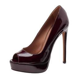 Pre Owned Alaia Burgundy Patent Leather Peep Toe Platform Pumps Size 36