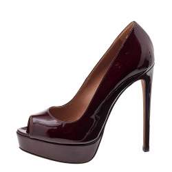 Pre Owned Alaia Burgundy Patent Leather Peep Toe Platform Pumps Size 36