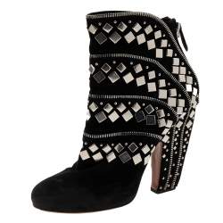 Alaia Black Suede Stud Embellished Block Heel Ankle Boots Size 39