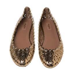 Pre Owned Alaia Gold Laser Cut Leather Embellished Ballet Flats Size 38