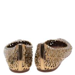 Pre Owned Alaia Gold Laser Cut Leather Embellished Ballet Flats Size 38