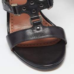 Pre Owned Alaia Black Leather Studded Accents T-Strap Sandals Size 39.5