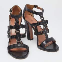 Pre Owned Alaia Black Leather Studded Accents T-Strap Sandals Size 39.5