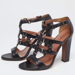 Pre Owned Alaia Black Leather Studded Accents T-Strap Sandals Size 39.5