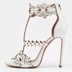 Alaia White Leather Laser Cut Ankle Strap Sandals Size 39.5