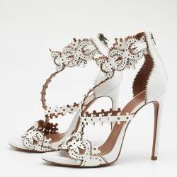 Alaia White Leather Laser Cut Ankle Strap Sandals Size 39.5
