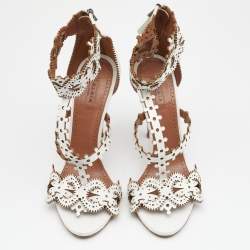 Alaia White Leather Laser Cut Ankle Strap Sandals Size 39.5