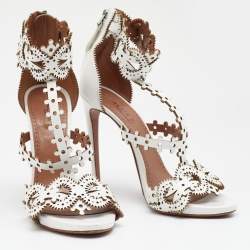 Alaia White Leather Laser Cut Ankle Strap Sandals Size 39.5