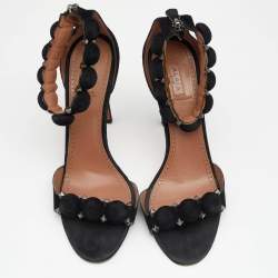 Pre Owned Alaia Black Suede Leather Chamois Bombe Ankle Cuff Sandals Size 39.5