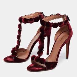 Pre Owned Alaia Burgundy Velvet Bombe Ankle Strap Sandals Size 40