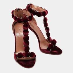 Pre Owned Alaia Burgundy Velvet Bombe Ankle Strap Sandals Size 40