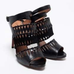 AlaÏa Black Leather, Suede and Lizard Embossed Cut Out Ankle-Strap Sandals Size 41