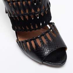 AlaÏa Black Leather, Suede and Lizard Embossed Cut Out Ankle-Strap Sandals Size 41