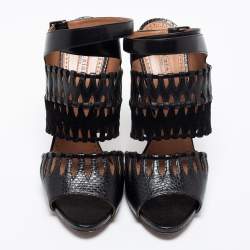 AlaÏa Black Leather, Suede and Lizard Embossed Cut Out Ankle-Strap Sandals Size 41
