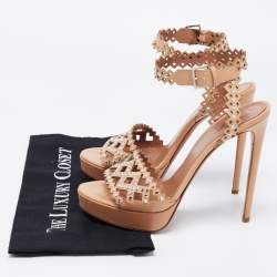 Pre Owned Alaia Beige Leather Laser Cut Eyelet Studded Platform Ankle-Strap Sandals Size 41