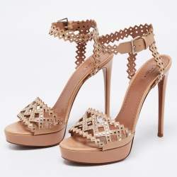 Pre Owned Alaia Beige Leather Laser Cut Eyelet Studded Platform Ankle-Strap Sandals Size 41