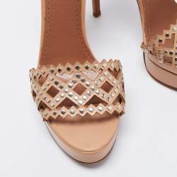 Pre Owned Alaia Beige Leather Laser Cut Eyelet Studded Platform Ankle-Strap Sandals Size 41