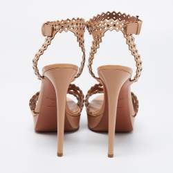 Pre Owned Alaia Beige Leather Laser Cut Eyelet Studded Platform Ankle-Strap Sandals Size 41