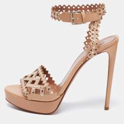 Pre Owned Alaia Beige Leather Laser Cut Eyelet Studded Platform Ankle-Strap Sandals Size 41