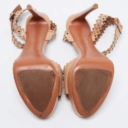 Pre Owned Alaia Beige Leather Laser Cut Eyelet Studded Platform Ankle-Strap Sandals Size 41