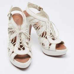 Alaia White Leather Lace Up Platform Sandals Size 39.5