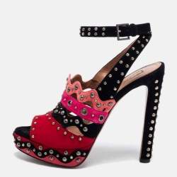 Alaia Multicolor Suede Studded Peep-Toe Platform Ankle-Strap Sandals Size 37.5
