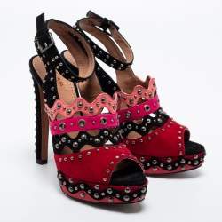 Alaia Multicolor Suede Studded Peep-Toe Platform Ankle-Strap Sandals Size 37.5
