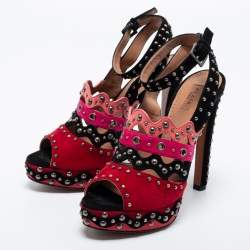 Alaia Multicolor Suede Studded Peep-Toe Platform Ankle-Strap Sandals Size 37.5
