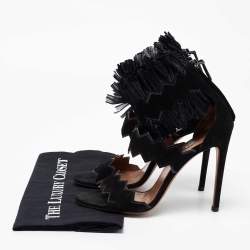 Pre Owned Alaia Black Suede And Raffia Ruffle Ankle Cuff Sandals Size 38