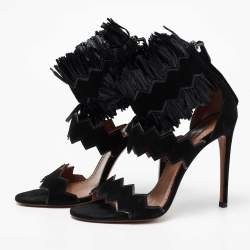 Pre Owned Alaia Black Suede And Raffia Ruffle Ankle Cuff Sandals Size 38