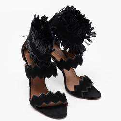 Pre Owned Alaia Black Suede And Raffia Ruffle Ankle Cuff Sandals Size 38