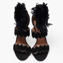 Pre Owned Alaia Black Suede And Raffia Ruffle Ankle Cuff Sandals Size 38