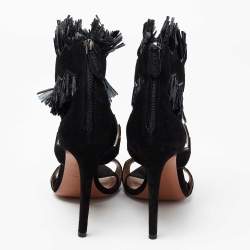 Pre Owned Alaia Black Suede And Raffia Ruffle Ankle Cuff Sandals Size 38